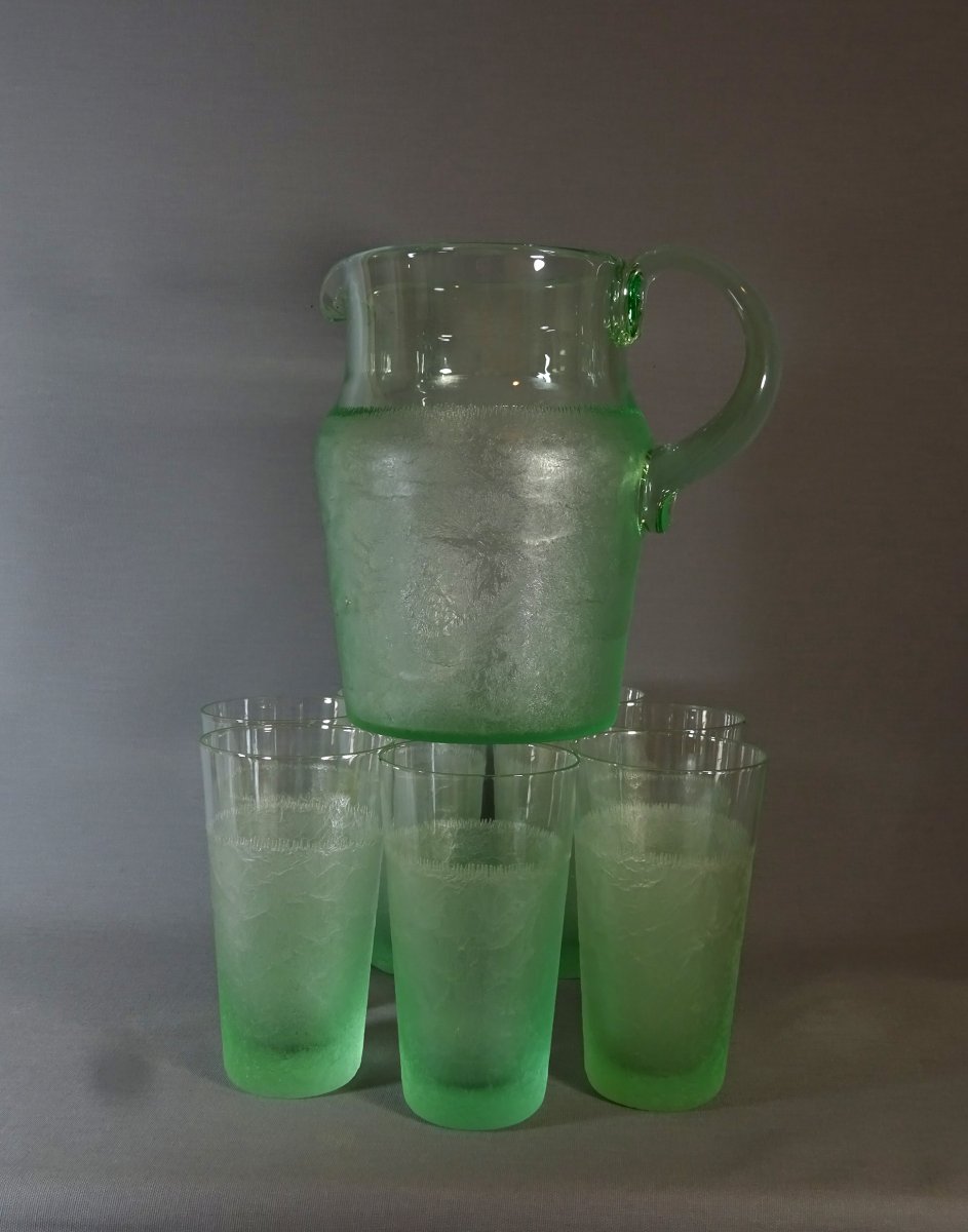 Daum Nancy, Service A Orangeade Art Nouveau Blown Glass & Frosted Decorated Etched With Acid-photo-6