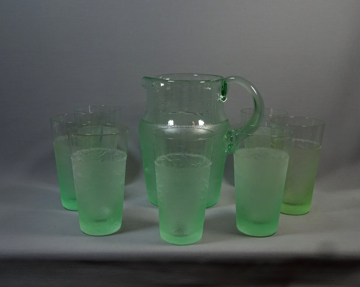 Daum Nancy, Service A Orangeade Art Nouveau Blown Glass & Frosted Decorated Etched With Acid