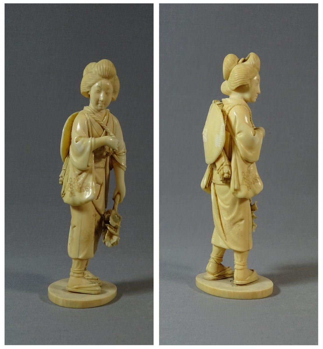 Old Okimono Ivory Sculpture Represent A Young Woman, Japan XIXth Century-photo-3