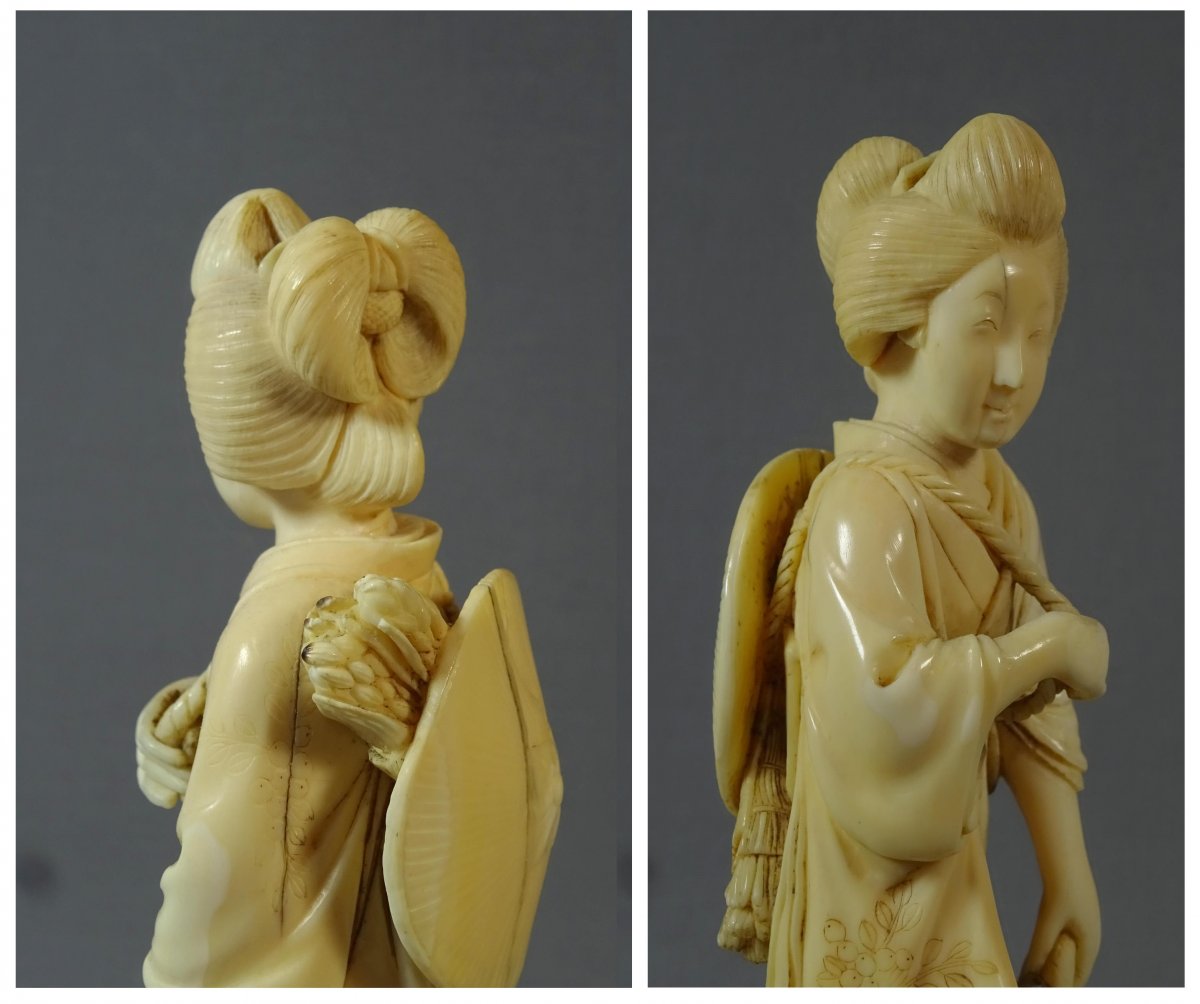 Old Okimono Ivory Sculpture Represent A Young Woman, Japan XIXth Century-photo-3