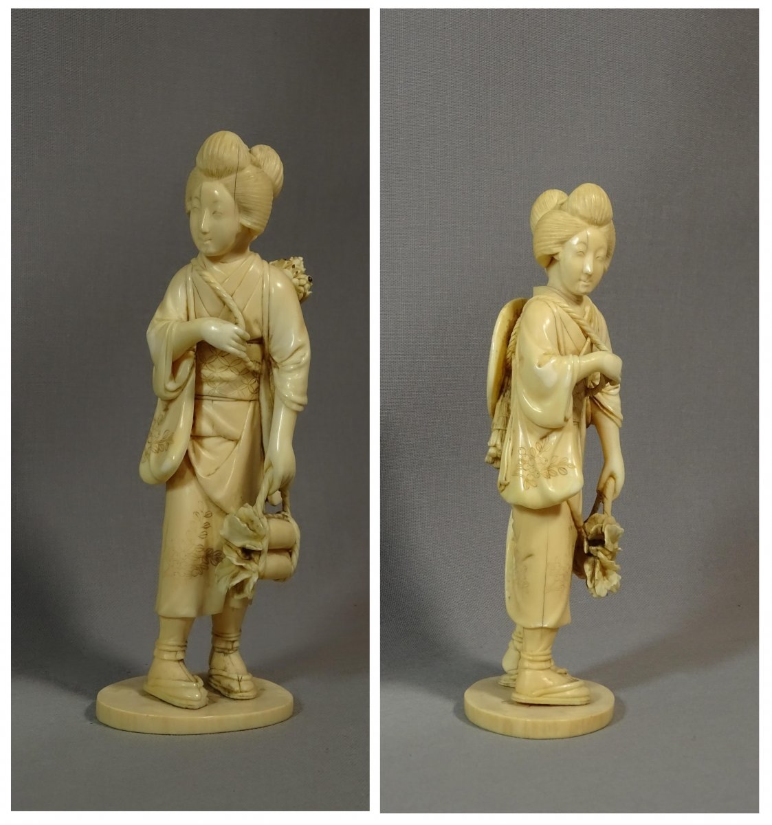 Old Okimono Ivory Sculpture Represent A Young Woman, Japan XIXth Century-photo-6