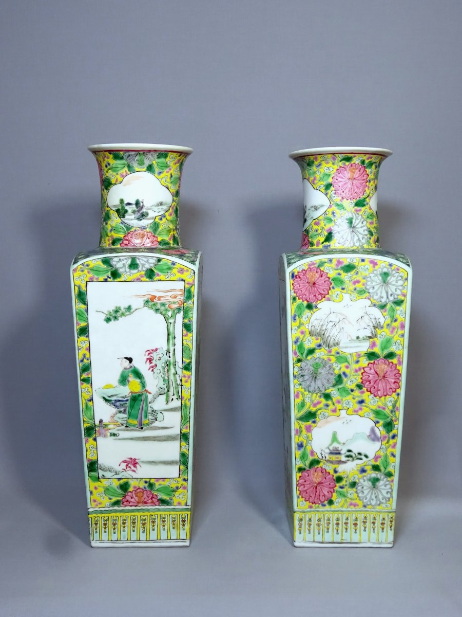 China Qing Dynasty, Pair Of Quadrangular Porcelain Vases From The Rose Family, Enamels Decoration-photo-2