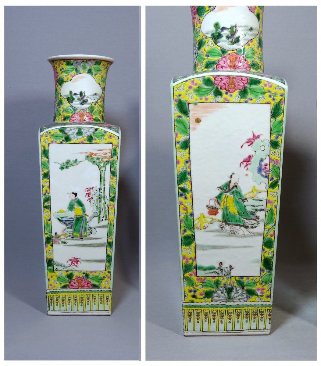 China Qing Dynasty, Pair Of Quadrangular Porcelain Vases From The Rose Family, Enamels Decoration-photo-3
