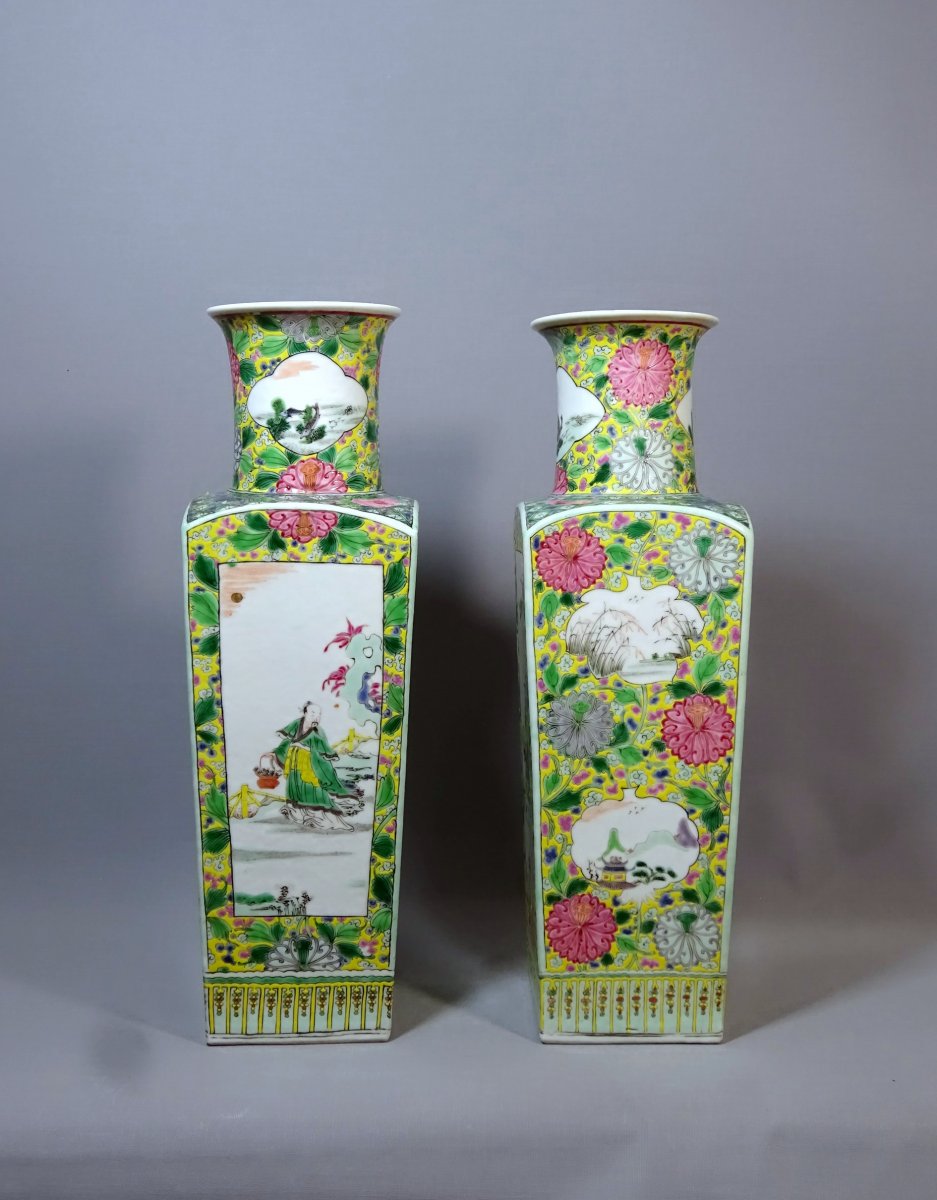 China Qing Dynasty, Pair Of Quadrangular Porcelain Vases From The Rose Family, Enamels Decoration-photo-4