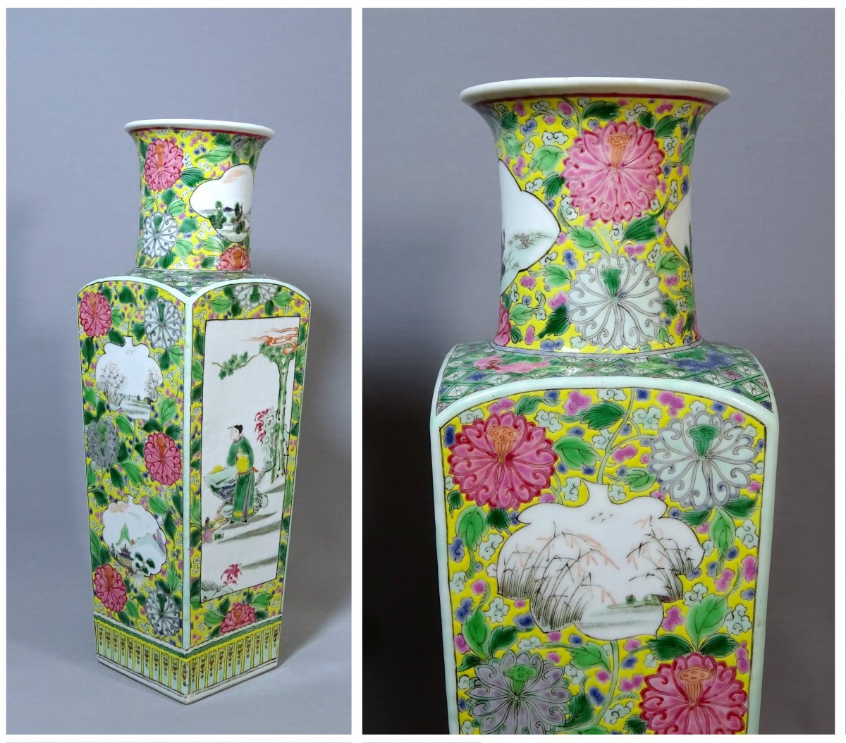 China Qing Dynasty, Pair Of Quadrangular Porcelain Vases From The Rose Family, Enamels Decoration-photo-2