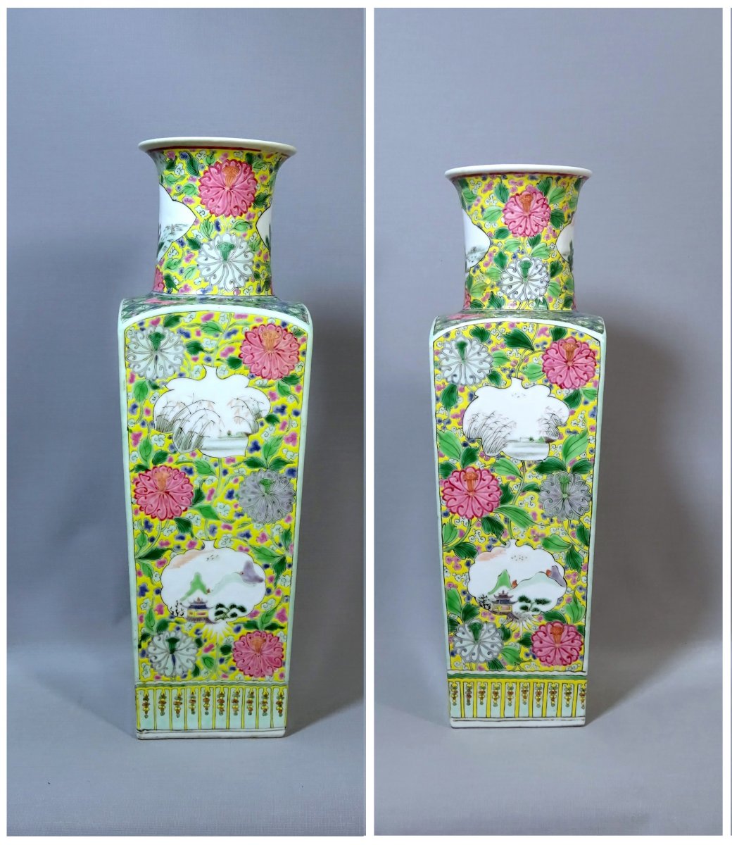 China Qing Dynasty, Pair Of Quadrangular Porcelain Vases From The Rose Family, Enamels Decoration-photo-3