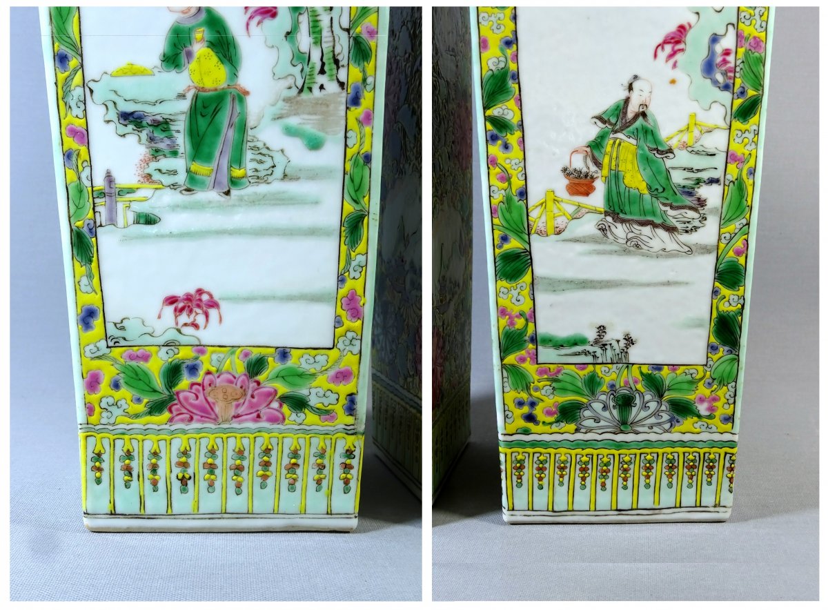 China Qing Dynasty, Pair Of Quadrangular Porcelain Vases From The Rose Family, Enamels Decoration-photo-5