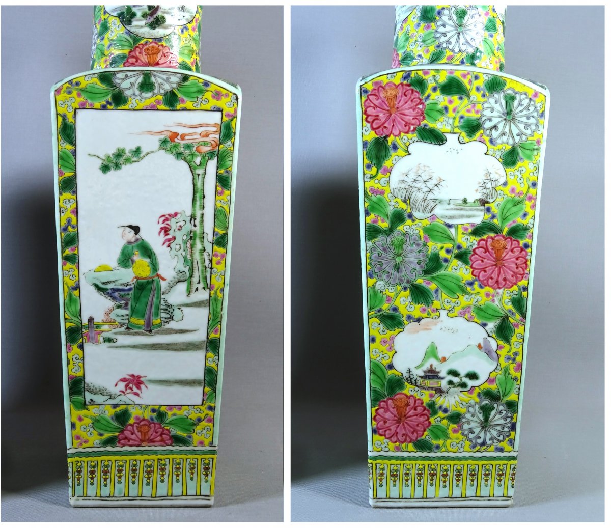 China Qing Dynasty, Pair Of Quadrangular Porcelain Vases From The Rose Family, Enamels Decoration-photo-6