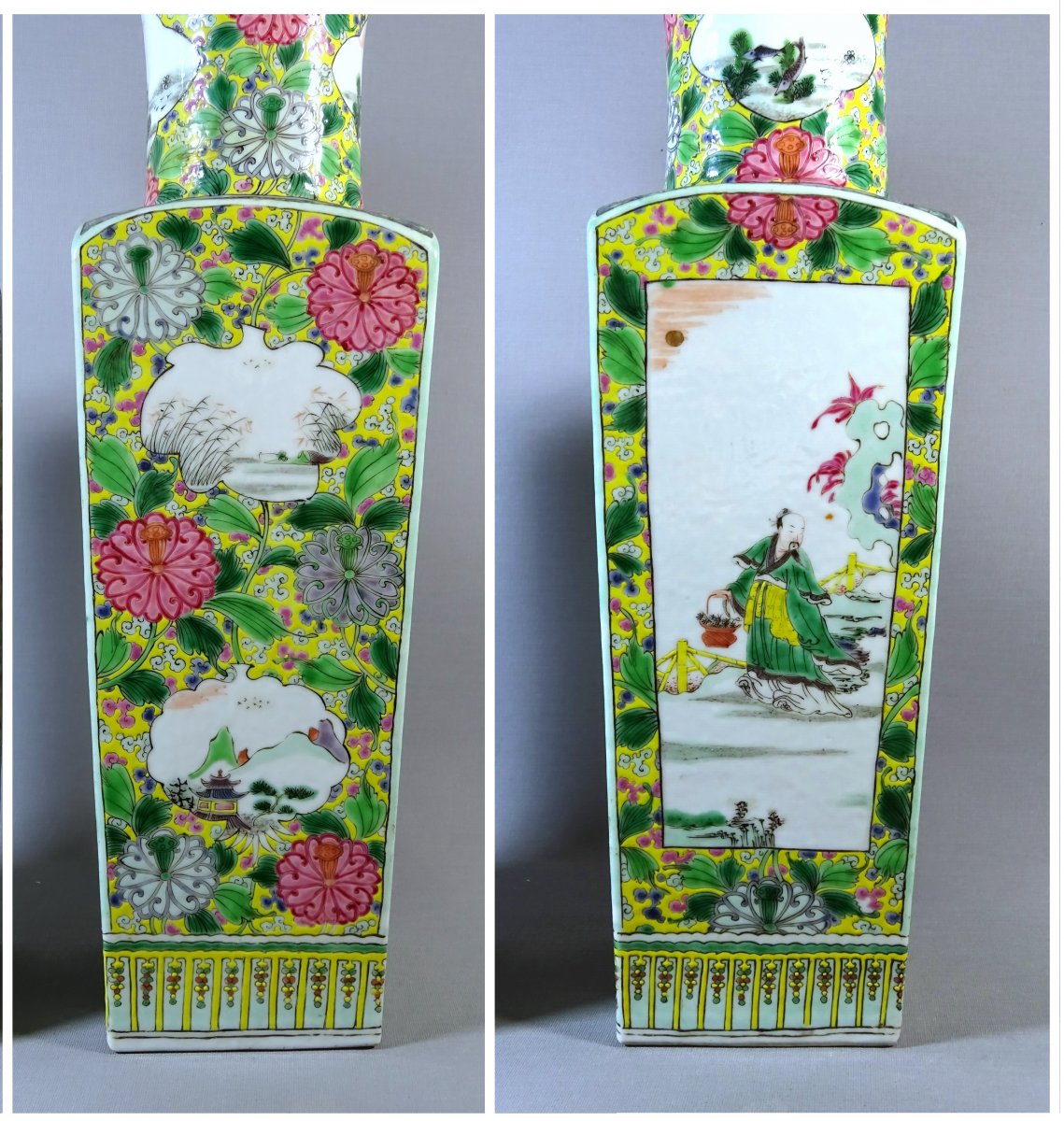 China Qing Dynasty, Pair Of Quadrangular Porcelain Vases From The Rose Family, Enamels Decoration-photo-7