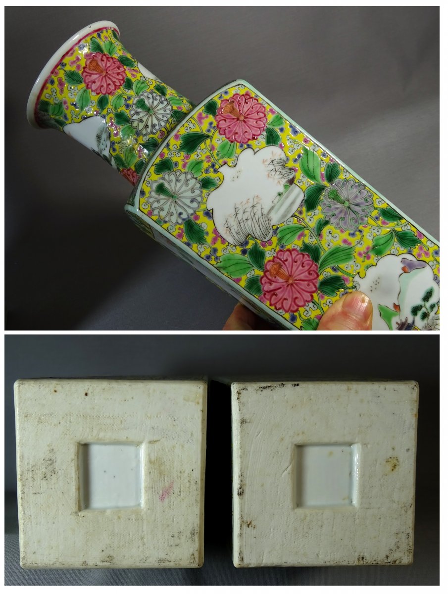 China Qing Dynasty, Pair Of Quadrangular Porcelain Vases From The Rose Family, Enamels Decoration-photo-8