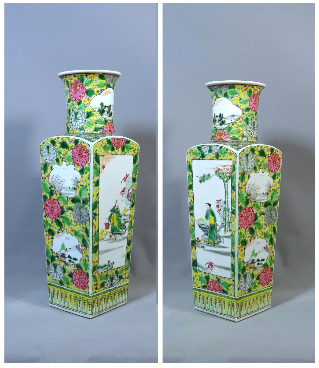 China Qing Dynasty, Pair Of Quadrangular Porcelain Vases From The Rose Family, Enamels Decoration