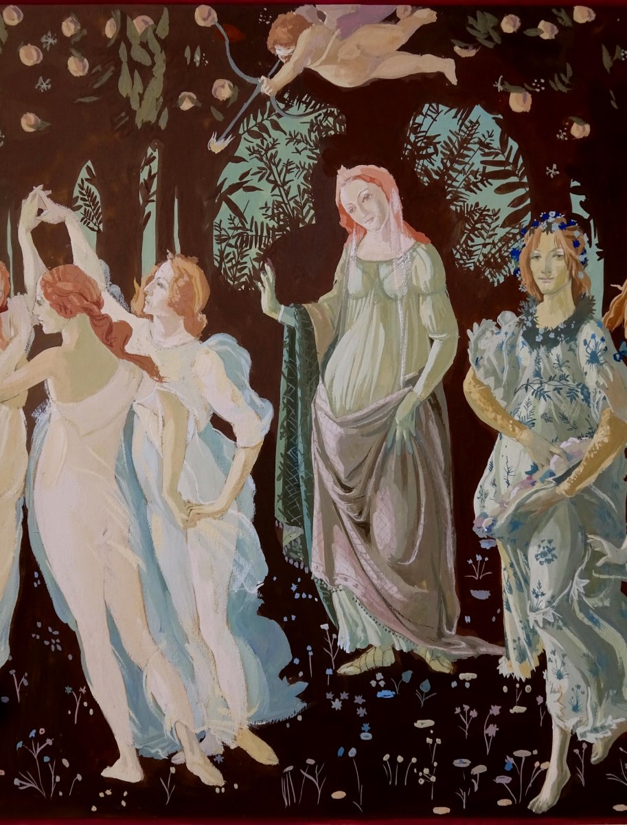 Old Drawing Gouache Paint Of Ursule Duch (1911-2004), The Spring After Sandro Botticelli, Art Deco Period-photo-2