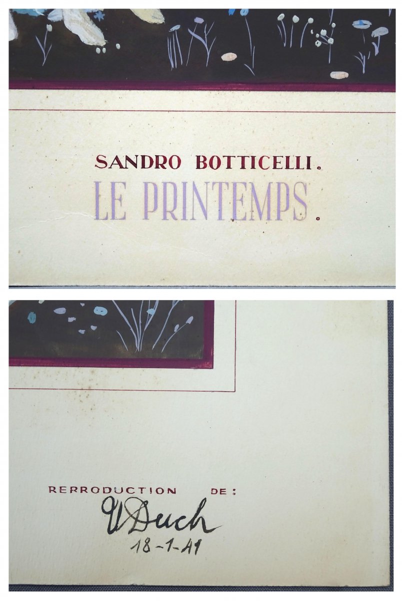 Gouache Ancienne d' Ursule Duch (1911-2004), Le Printemps d'Après Sandro  Botticelli, Epoque Art Déco-photo-4