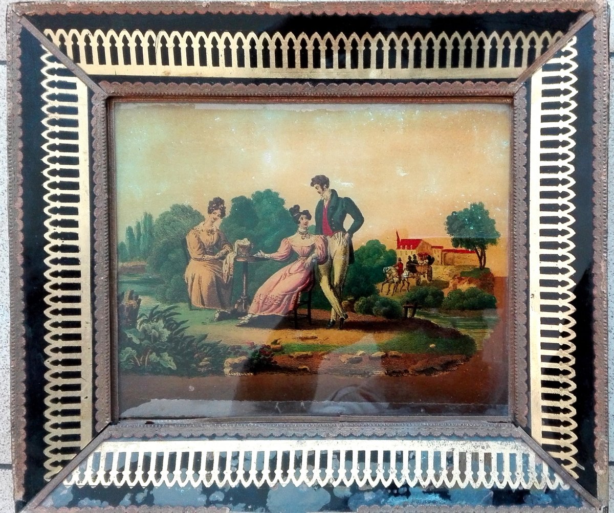 Four Fixed Under Glass Romantic, Galantes Scenes Of The Early Nineteenth, First Empire Period-photo-2