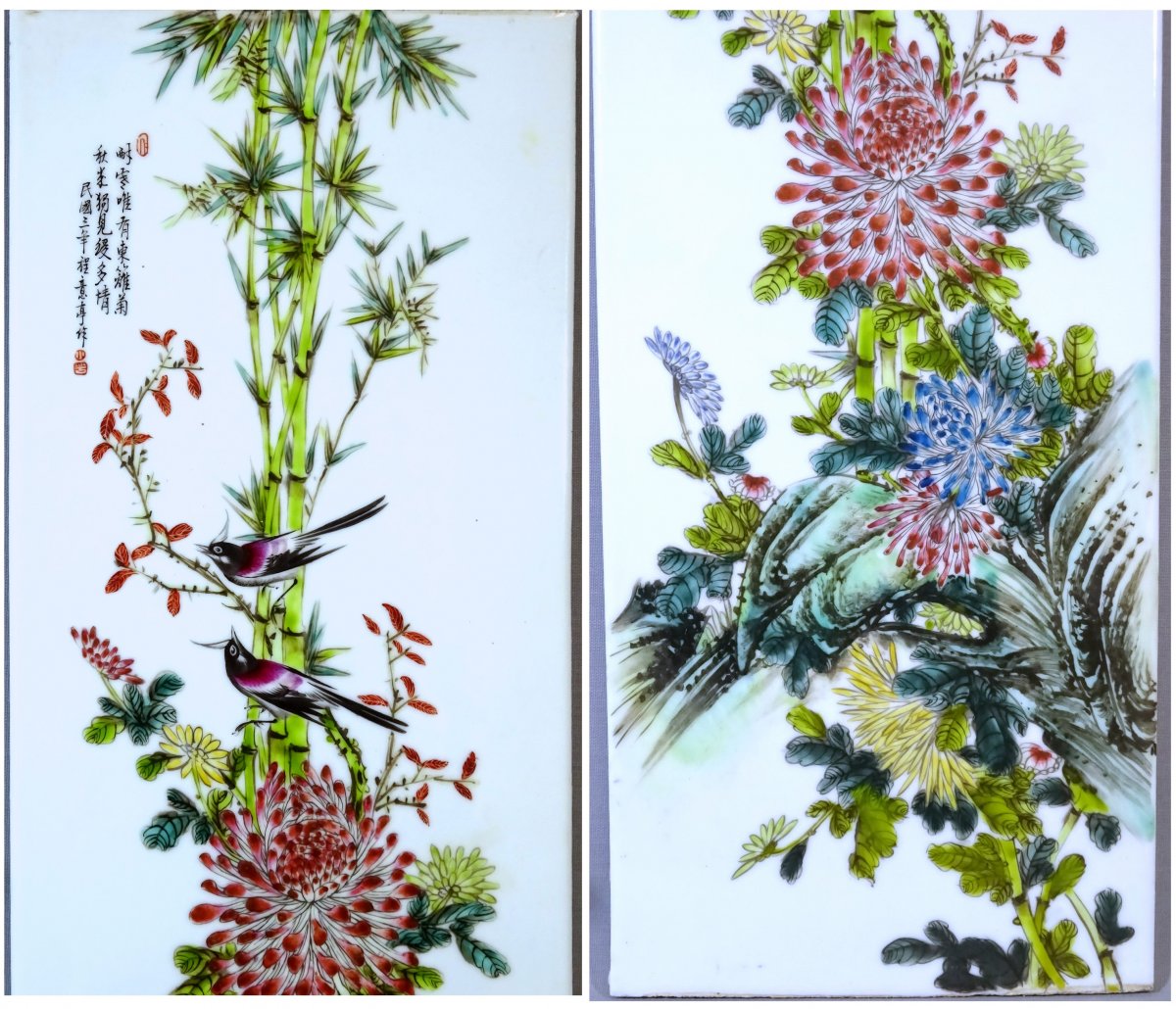 Quatre Plaques en Porcelaine de Chine à Décor de Fleurs, Oiseaux ,  papillons, criquet  ; Artistes Liu Yucen, Bi Yuanming or Cheng Yiting-photo-2