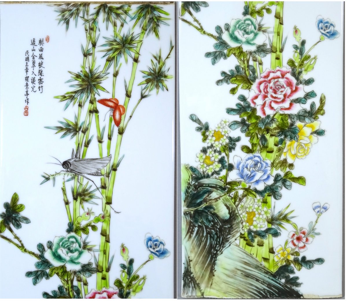 Quatre Plaques en Porcelaine de Chine à Décor de Fleurs, Oiseaux ,  papillons, criquet  ; Artistes Liu Yucen, Bi Yuanming or Cheng Yiting-photo-5