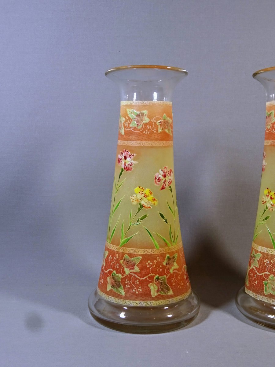 Pair Of Art Nouveau Diabolo Vases Decorated To Carnation Flowers And Virgin Vine , Legras Or Style, Circa 1900-photo-2