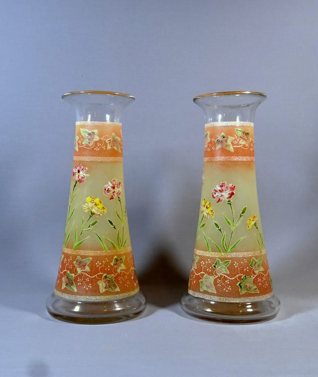 Pair Of Art Nouveau Diabolo Vases Decorated To Carnation Flowers And Virgin Vine , Legras Or Style, Circa 1900-photo-4