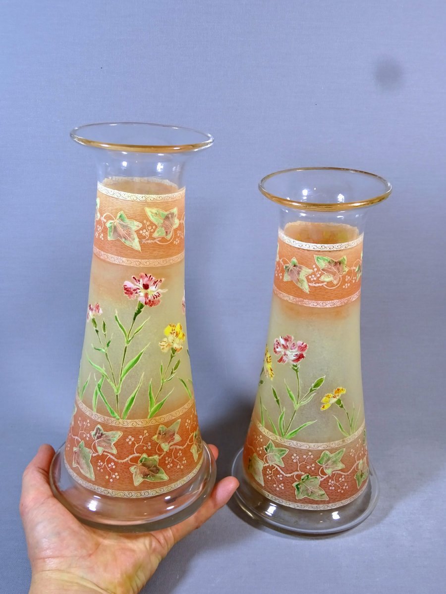 Pair Of Art Nouveau Diabolo Vases Decorated To Carnation Flowers And Virgin Vine , Legras Or Style, Circa 1900-photo-2