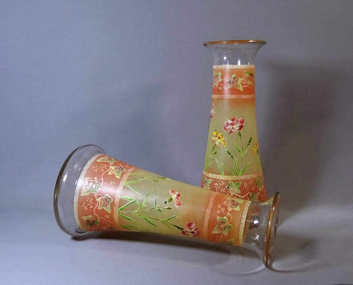 Pair Of Art Nouveau Diabolo Vases Decorated To Carnation Flowers And Virgin Vine , Legras Or Style, Circa 1900-photo-5