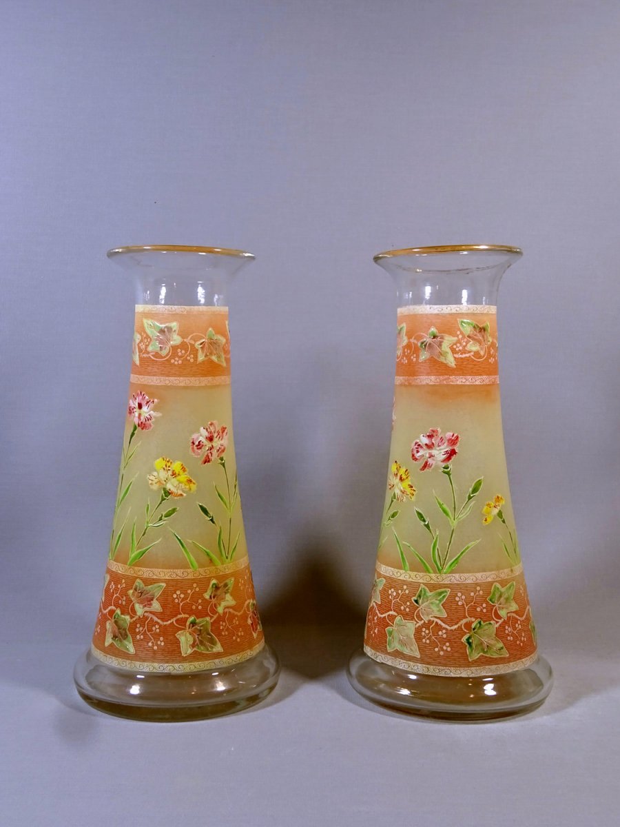 Pair Of Art Nouveau Diabolo Vases Decorated To Carnation Flowers And Virgin Vine , Legras Or Style, Circa 1900