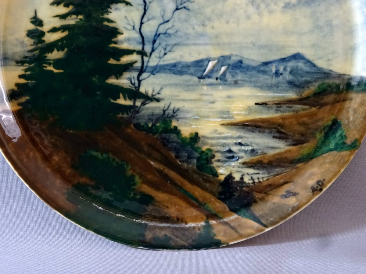 Albert Dammouse &agrave; Sevres, Important Plat d Epoque Art Nouveau &agrave; Decor de Paysage des Vosges-photo-3