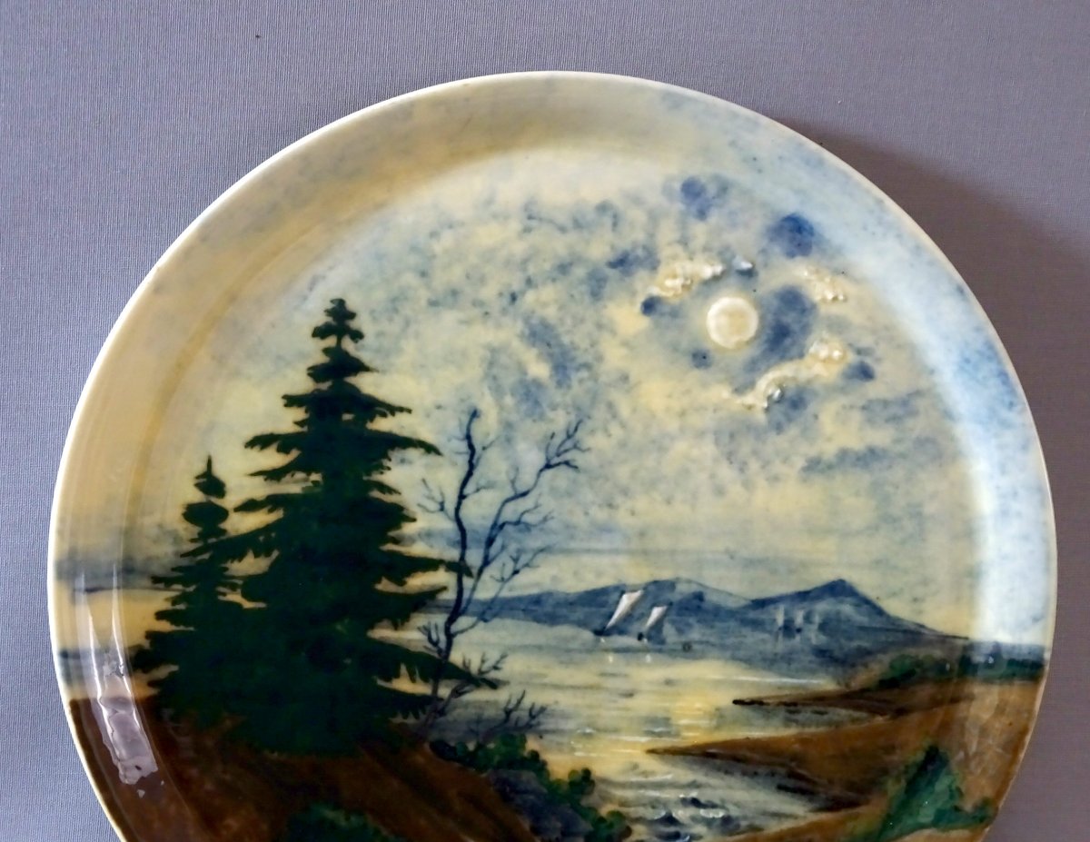 Albert Dammouse &agrave; Sevres, Important Plat d Epoque Art Nouveau &agrave; Decor de Paysage des Vosges-photo-4