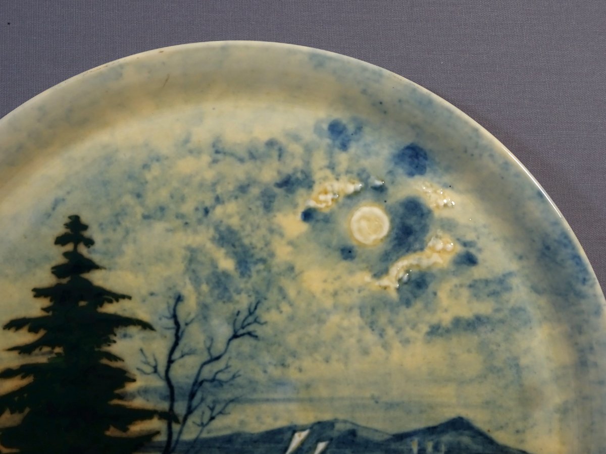 Albert Dammouse &agrave; Sevres, Important Plat d Epoque Art Nouveau &agrave; Decor de Paysage des Vosges-photo-1