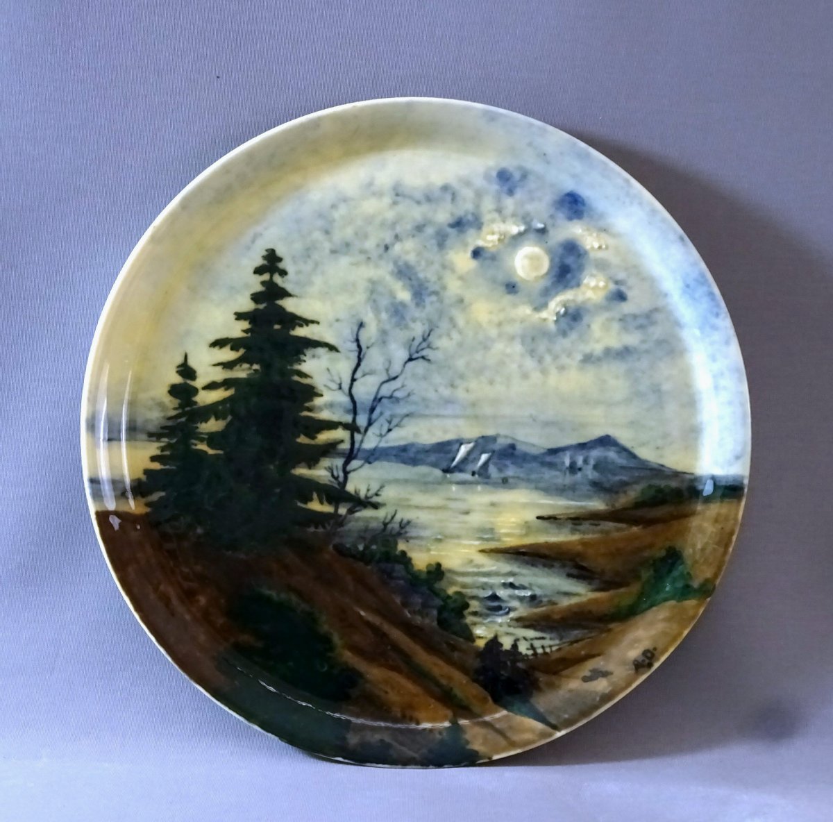 Albert Dammouse &agrave; Sevres, Important Plat d Epoque Art Nouveau &agrave; Decor de Paysage des Vosges-photo-2