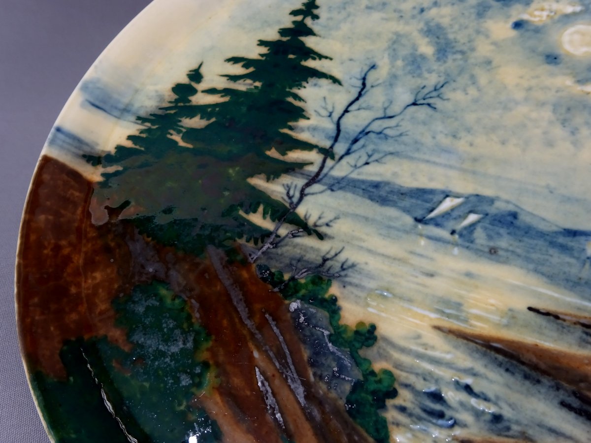Albert Dammouse &agrave; Sevres, Important Plat d Epoque Art Nouveau &agrave; Decor de Paysage des Vosges-photo-5