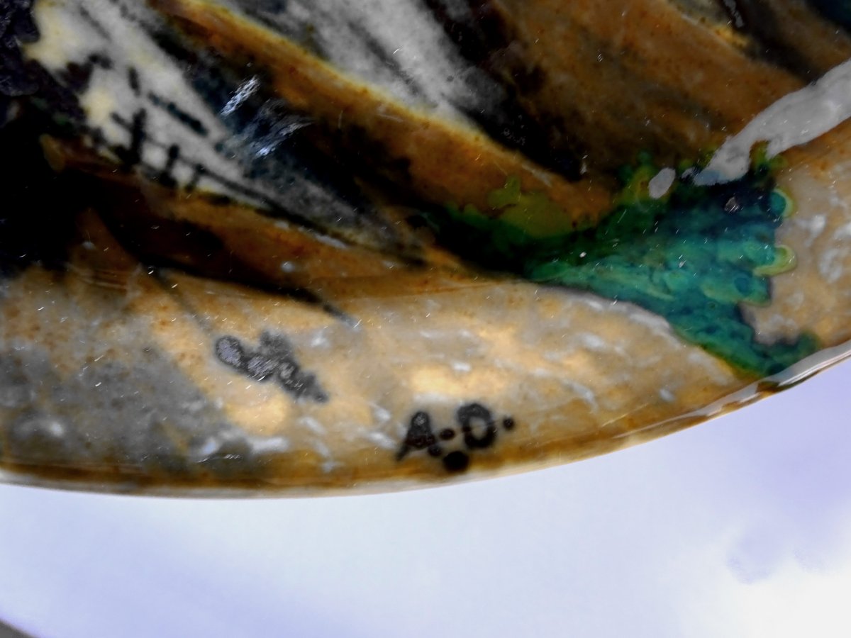 Albert Dammouse &agrave; Sevres, Important Plat d Epoque Art Nouveau &agrave; Decor de Paysage des Vosges-photo-6