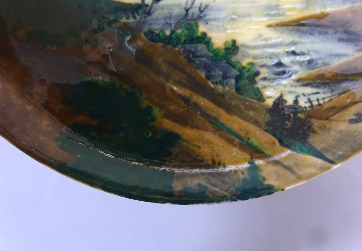 Albert Dammouse &agrave; Sevres, Important Plat d Epoque Art Nouveau &agrave; Decor de Paysage des Vosges-photo-7