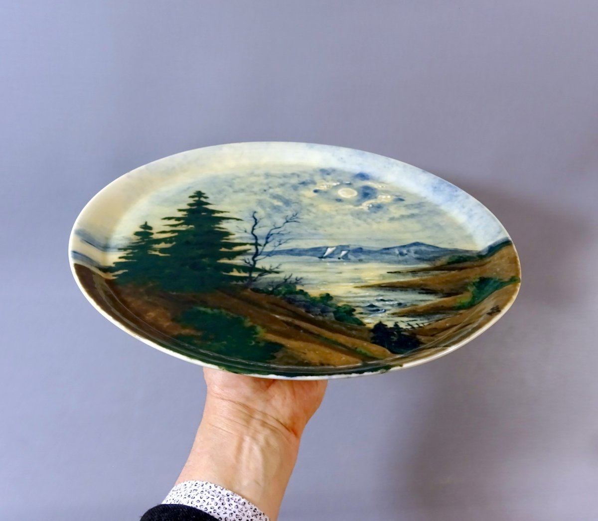 Albert Dammouse To Sevres, Important Dish  Old  Art Nouveau Period,  Decor Vosges Landscape-photo-8