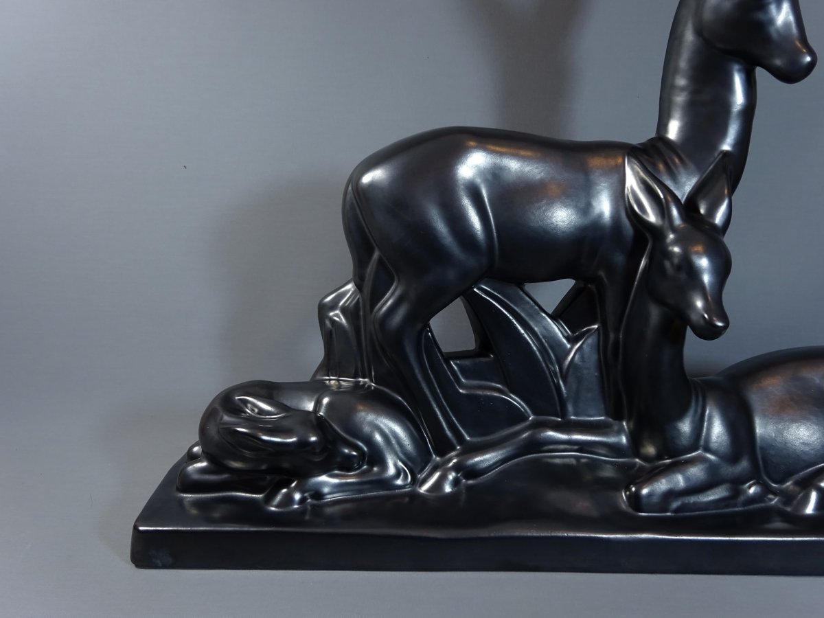 Charles Lemanceau, Important Glossy Black Ceramic,  Art Deco Period Sculpture Figuring Antelopes Or Gazelles-photo-3