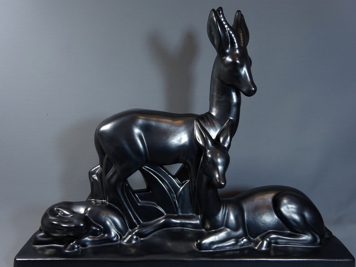 Charles Lemanceau, Important Glossy Black Ceramic,  Art Deco Period Sculpture Figuring Antelopes Or Gazelles-photo-4