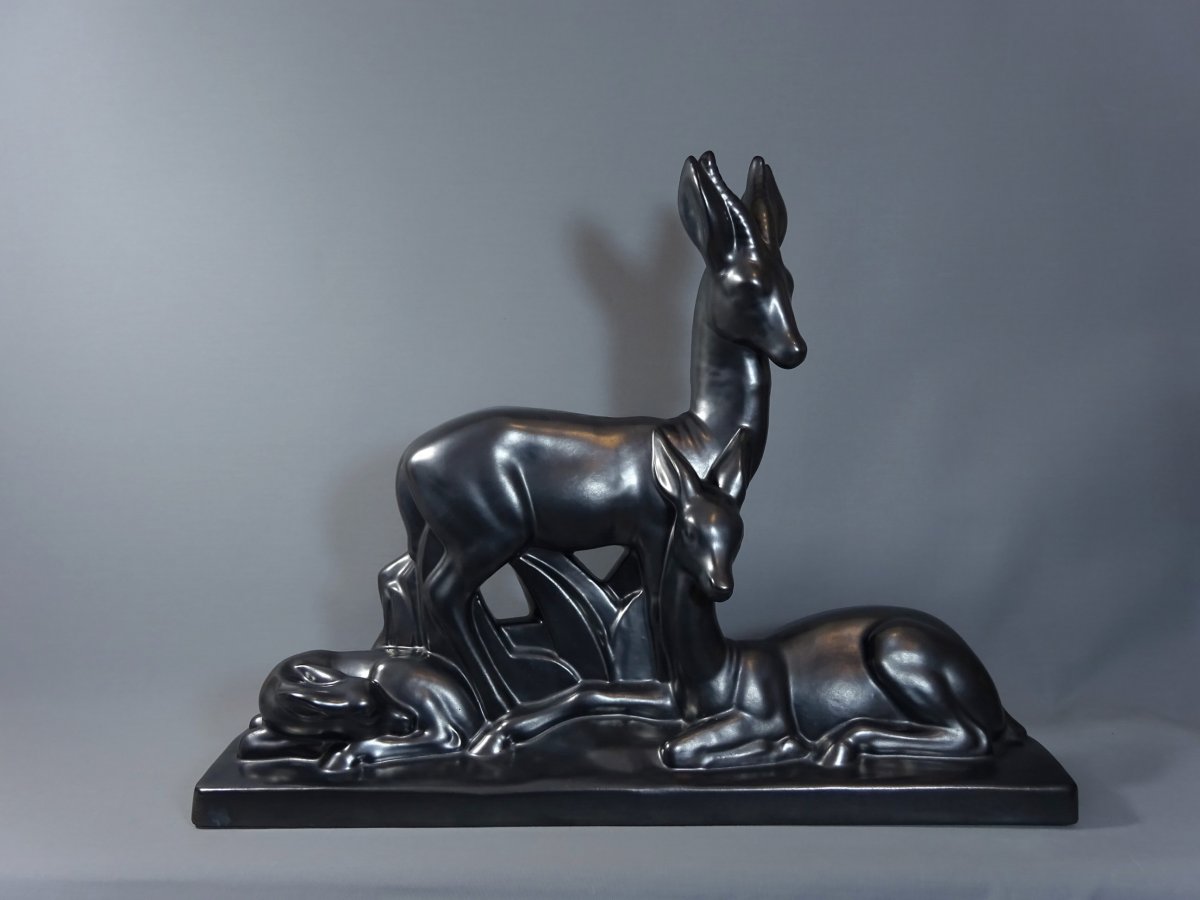 Charles Lemanceau, Importante Céramique Noir Lustre, Sculpture Epoq Art Déco Figurant Antilopes ou Gazelles-photo-1