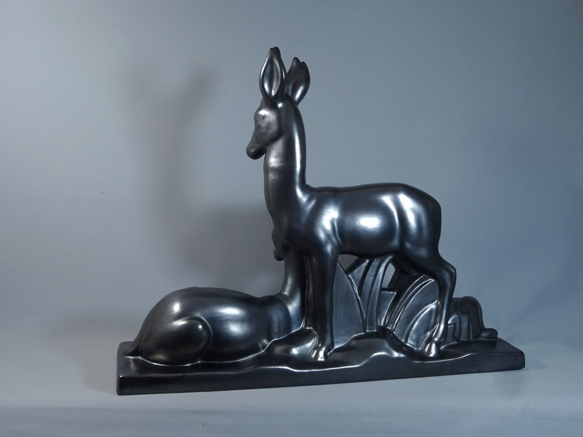 Charles Lemanceau, Importante Céramique Noir Lustre, Sculpture Epoq Art Déco Figurant Antilopes ou Gazelles-photo-3