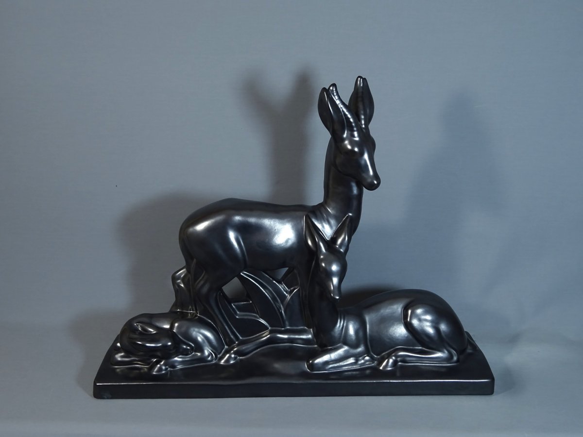 Charles Lemanceau, Important Glossy Black Ceramic,  Art Deco Period Sculpture Figuring Antelopes Or Gazelles-photo-5