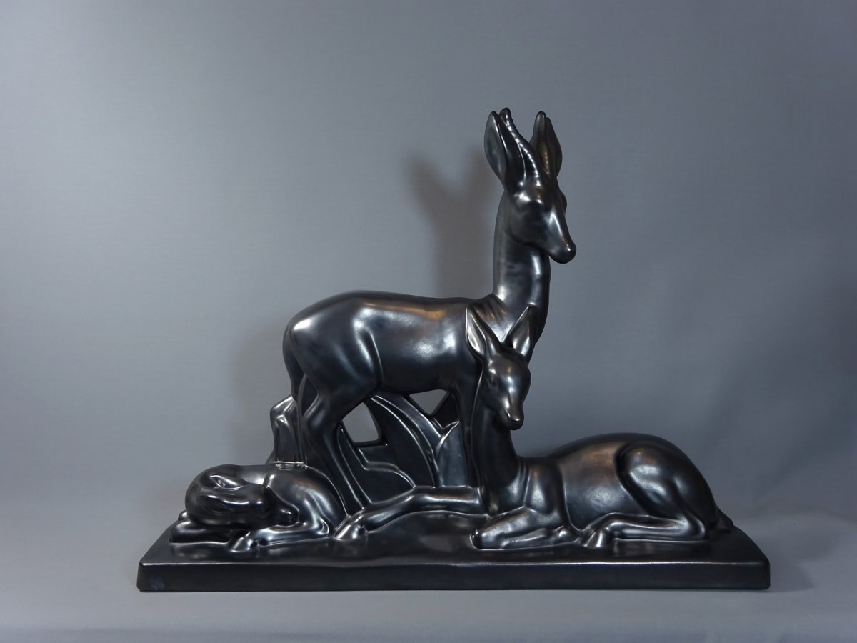 Charles Lemanceau, Important Glossy Black Ceramic,  Art Deco Period Sculpture Figuring Antelopes Or Gazelles