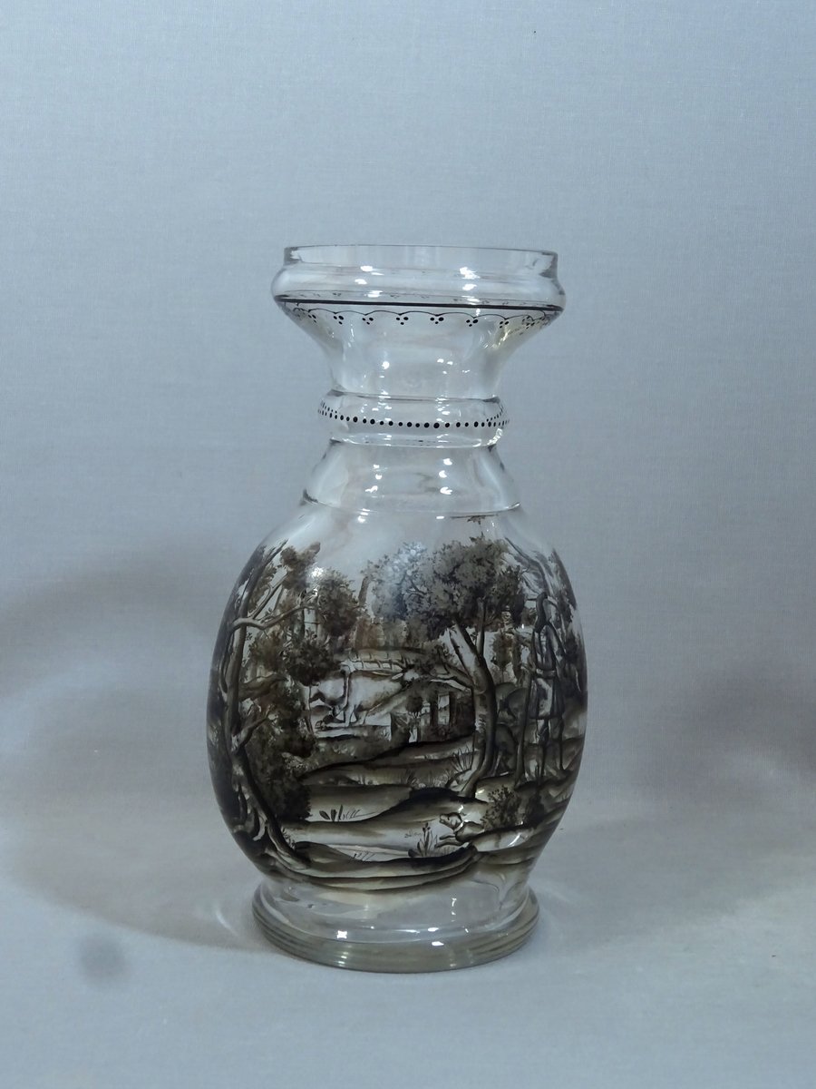Verre de Boh&ecirc;me, Vase Schwarzlot &agrave; D&eacute;cor de Chasse Peint en Grisaille ; &agrave;  La Mani&egrave;re d&#039;Ignaz Preissler ou Johann Schaper-photo-1