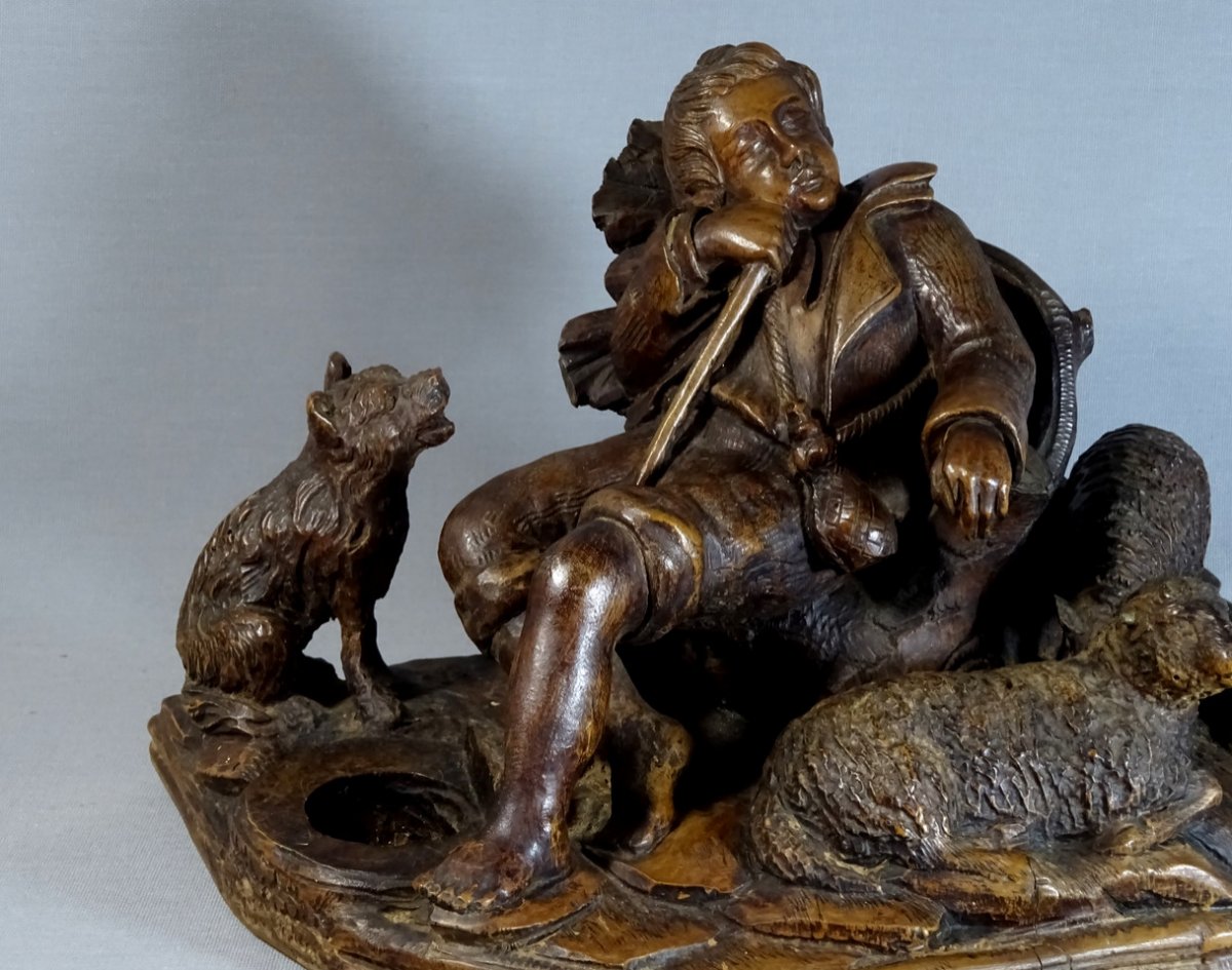 18th Century Wooden Sculpture, Rest Of The Little Shepherd Dozing With His Dog And Sheeps (signed; To Be Identified).-photo-4