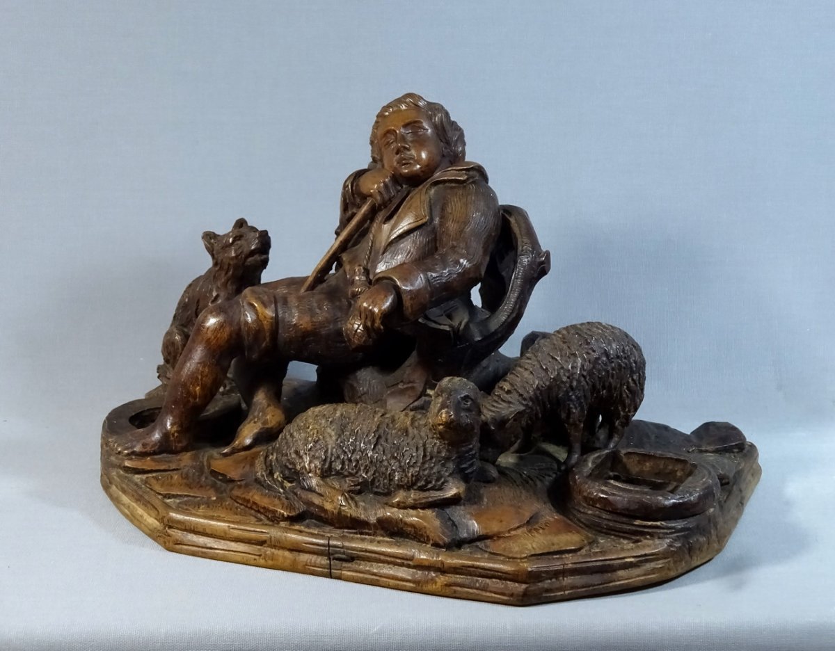 18th Century Wooden Sculpture, Rest Of The Little Shepherd Dozing With His Dog And Sheeps (signed; To Be Identified).-photo-2