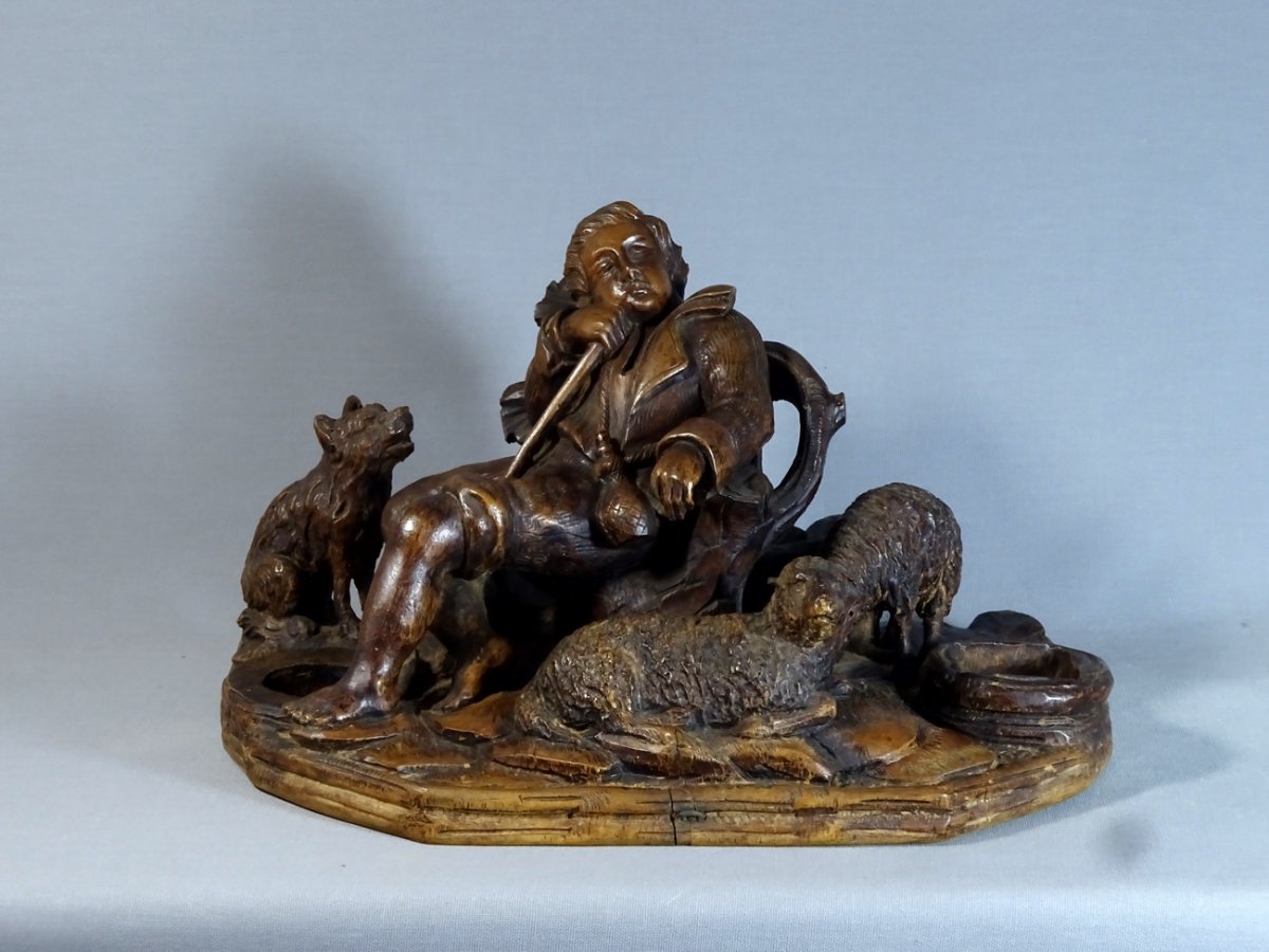 Sculpture en Bois du XVIIIeme Siècle, Petit Pâtre ou Berger Assoupi Avec Son Chien et ses Moutons (signature à identifier).-photo-8