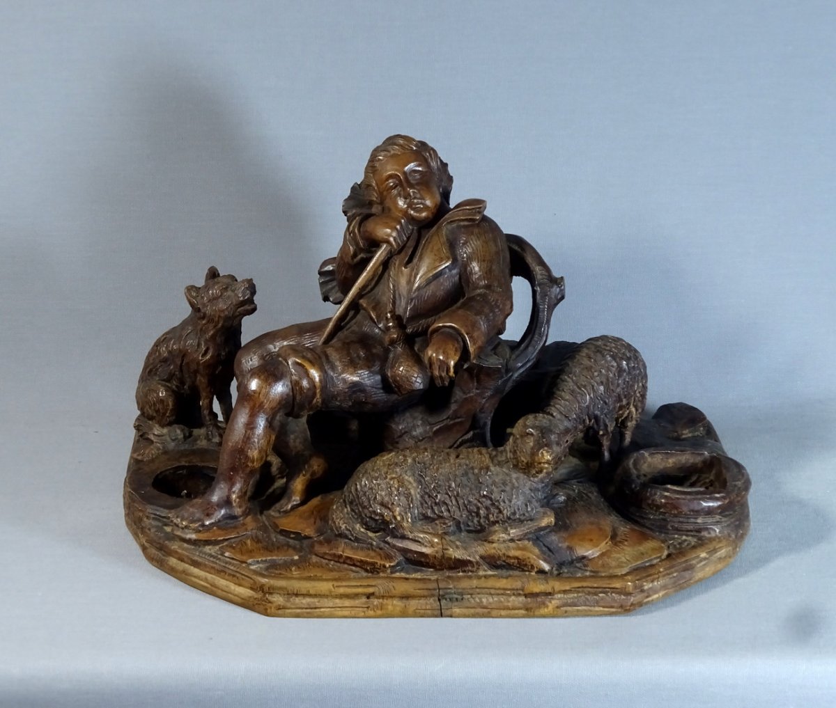 18th Century Wooden Sculpture, Rest Of The Little Shepherd Dozing With His Dog And Sheeps (signed; To Be Identified).