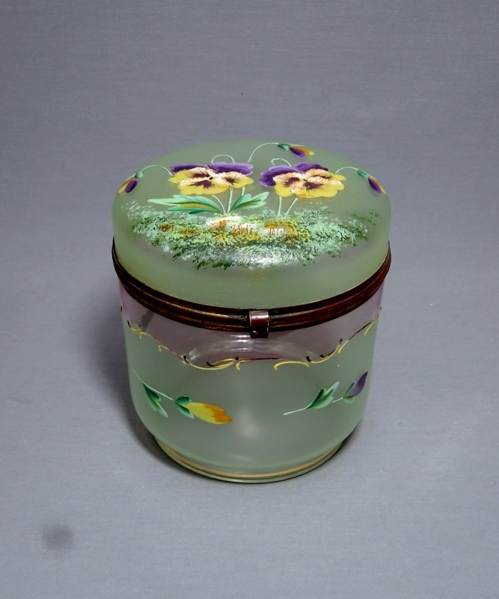 Biscuit Box Or Candy Box Art Nouveau Period In Blown Glass And Enamelled With A Decor Of Pansies Flowers-photo-5