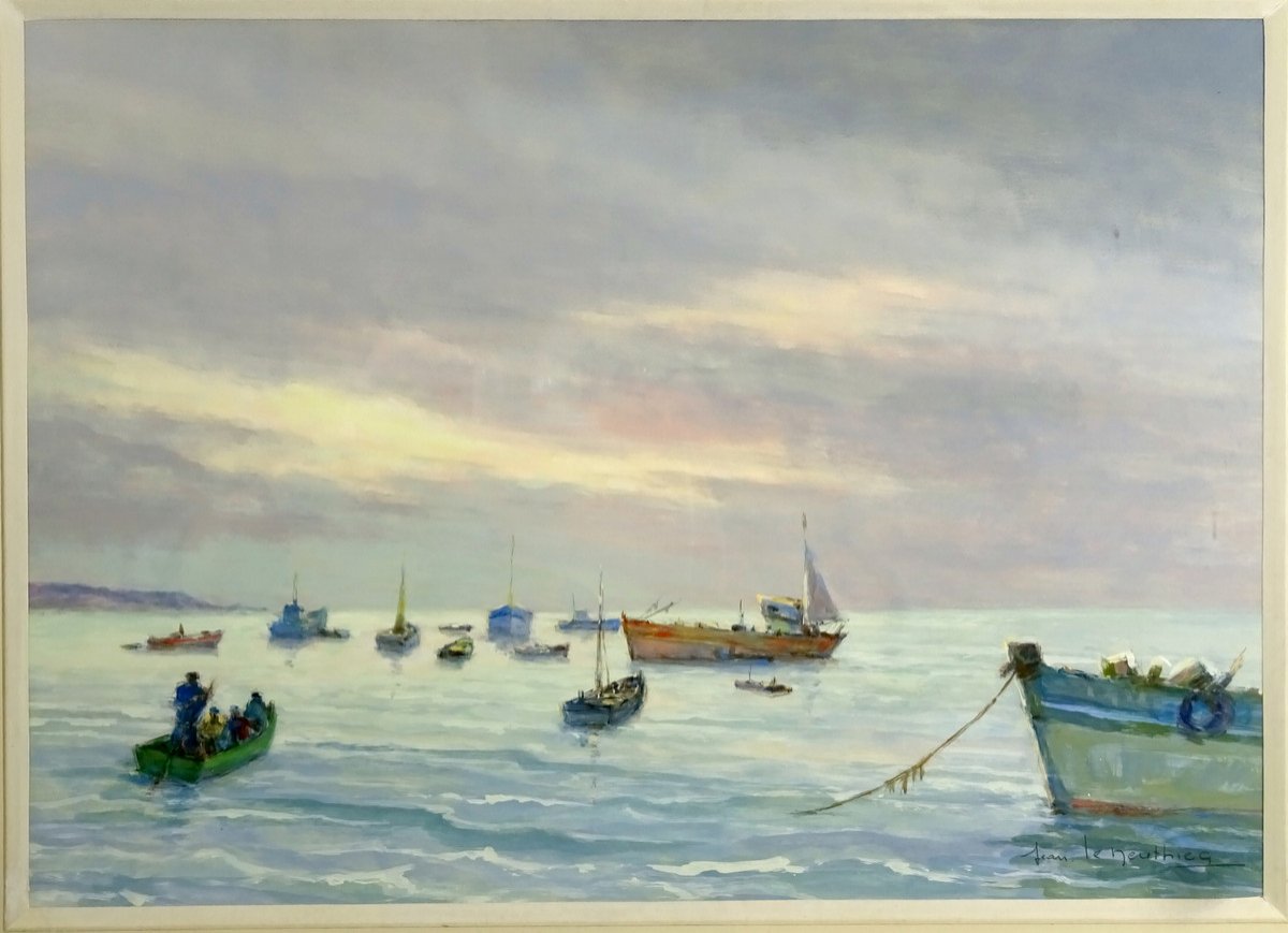 Jean Le Neuthiec, Breton Painting, Lively Seascape To Boats And Fishermen, Signed-photo-3