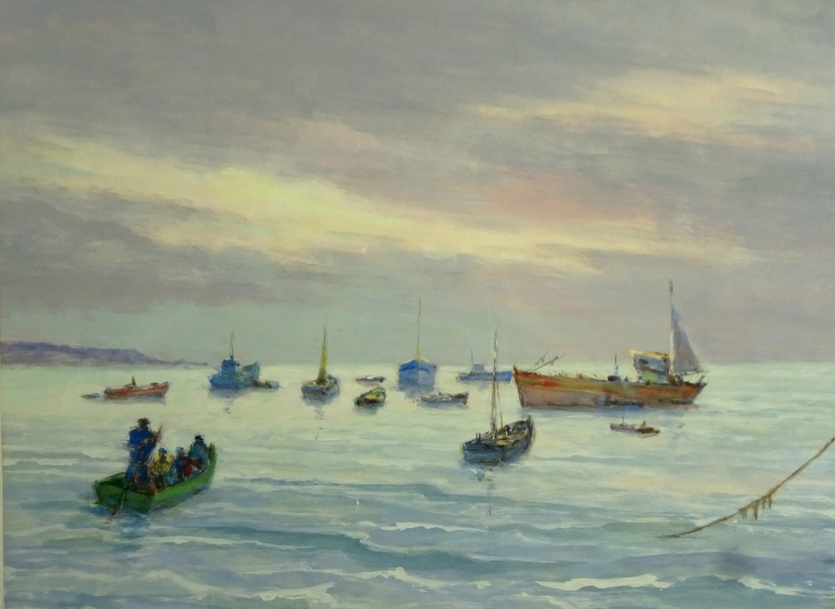 Jean Le Neuthiec, Breton Painting, Lively Seascape To Boats And Fishermen, Signed-photo-2
