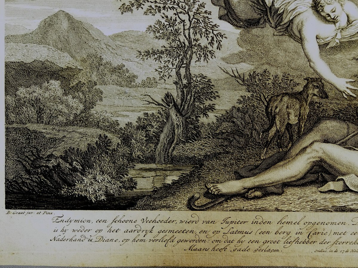 Beautiful Engraving To 17th Century, Burin By Matthys Pool, Diane Visits Endymion Asleep, Printing On Laid Paper Of Period-photo-1
