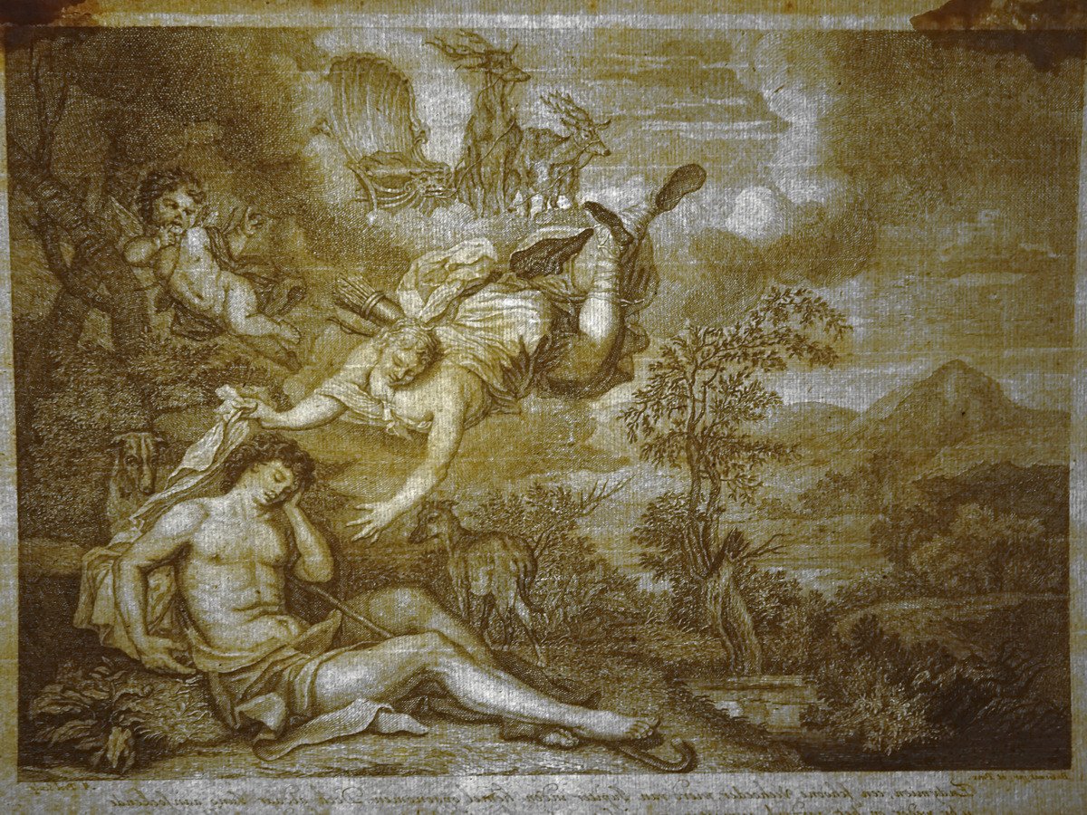 Beautiful Engraving To 17th Century, Burin By Matthys Pool, Diane Visits Endymion Asleep, Printing On Laid Paper Of Period-photo-7