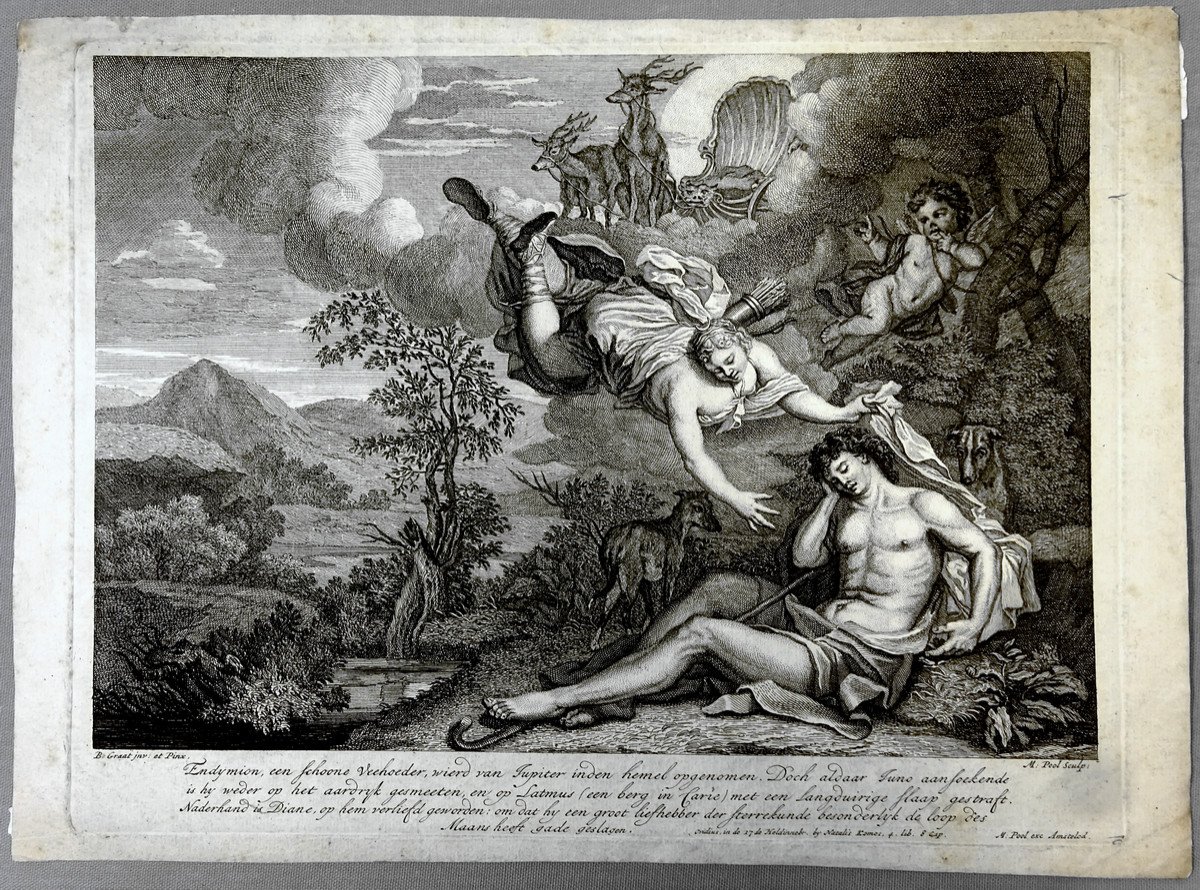 Beautiful Engraving To 17th Century, Burin By Matthys Pool, Diane Visits Endymion Asleep, Printing On Laid Paper Of Period